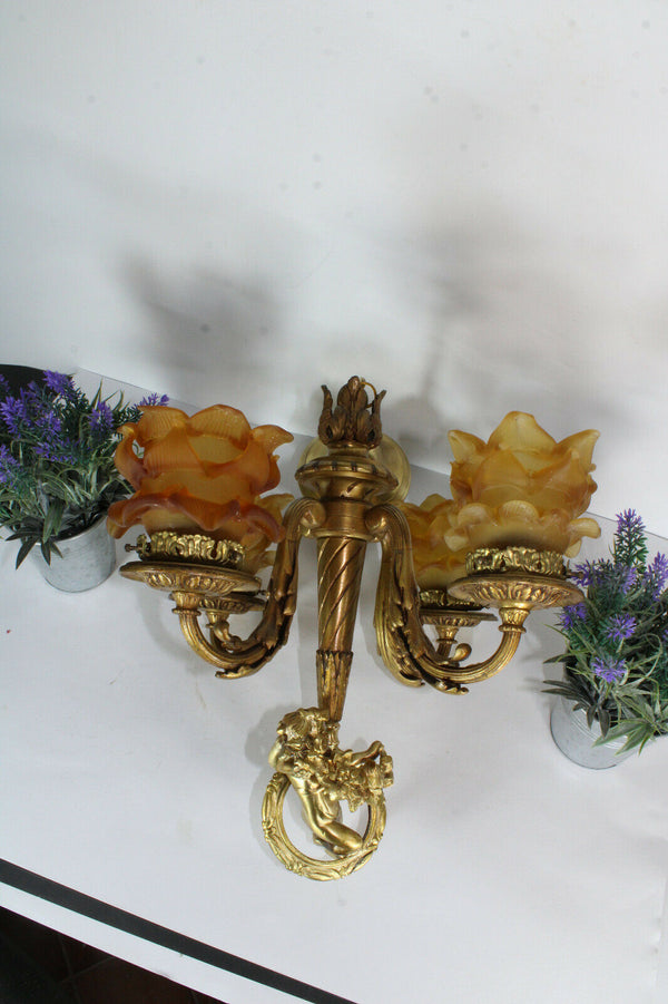 Bronze French putti cherub angel 4 amber glass Chandelier pendant lamp