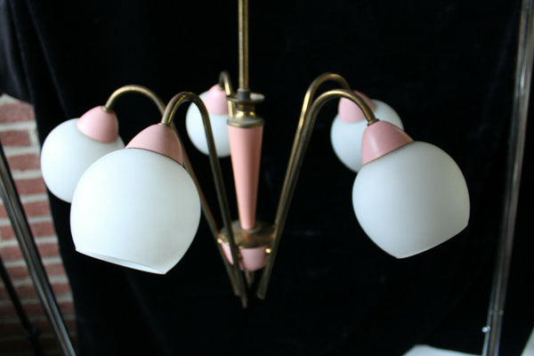 Stilnovo retro vintage italian brass pink opaline shade 5 arm chandelier lamp