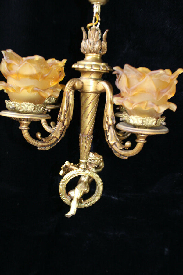 Bronze French putti cherub angel 4 amber glass Chandelier pendant lamp