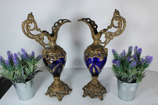 PAIR antque spelter metal Dragon figural glass blue pitcher vases