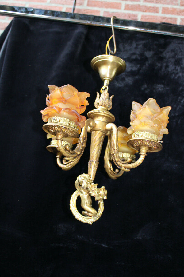 Bronze French putti cherub angel 4 amber glass Chandelier pendant lamp