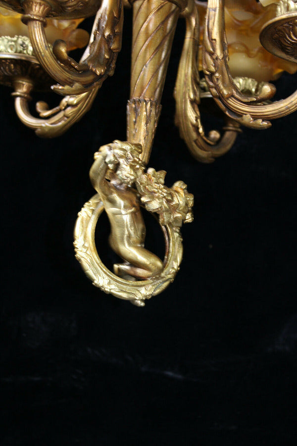 Bronze French putti cherub angel 4 amber glass Chandelier pendant lamp