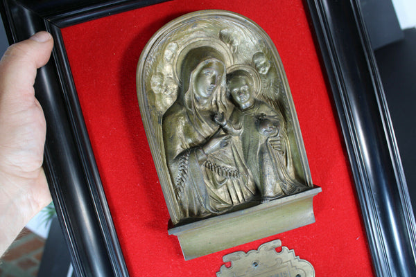 Antique Belgian silvermith Religious bronze plaque wall madonna holy water font