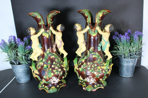 pair antique barbotine majolica putti cherub angel fruit vases