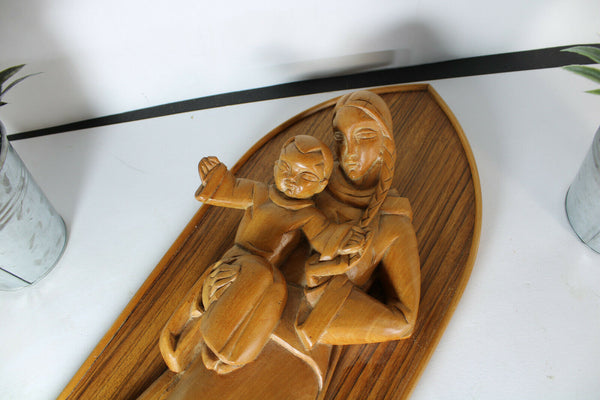 ALBERT POELS signed wood carved sculpture madonna child plaque panel religious