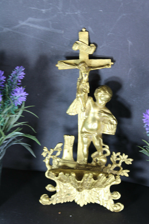 Antique french bronze crucifix holy water font rare