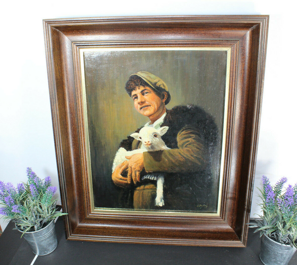 Vintage oil panel painting man lamb cute animal signed