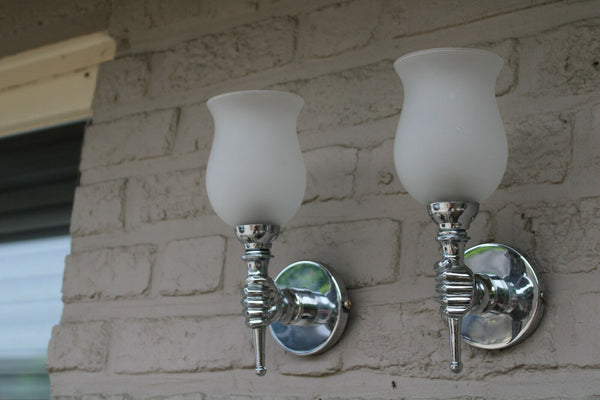 mid century pair chrome opaline hand sconces wall lights attr maison jansen