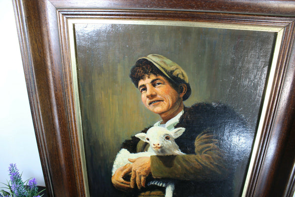 Vintage oil panel painting man lamb cute animal signed