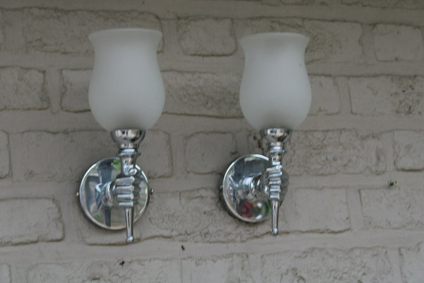 mid century pair chrome opaline hand sconces wall lights attr maison jansen