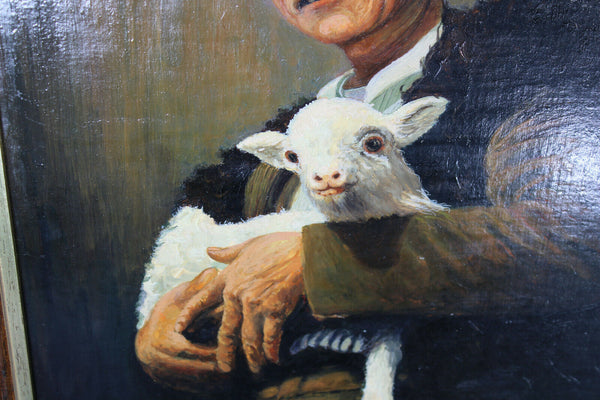 Vintage oil panel painting man lamb cute animal signed