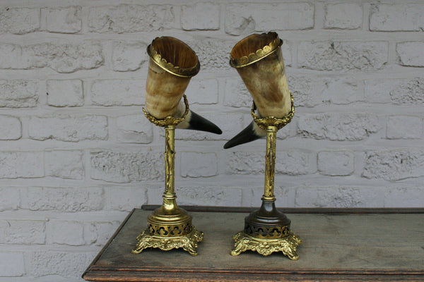 antique pair brass cornucopia horn statue lion heads