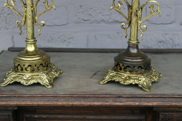 antique pair brass cornucopia horn statue lion heads