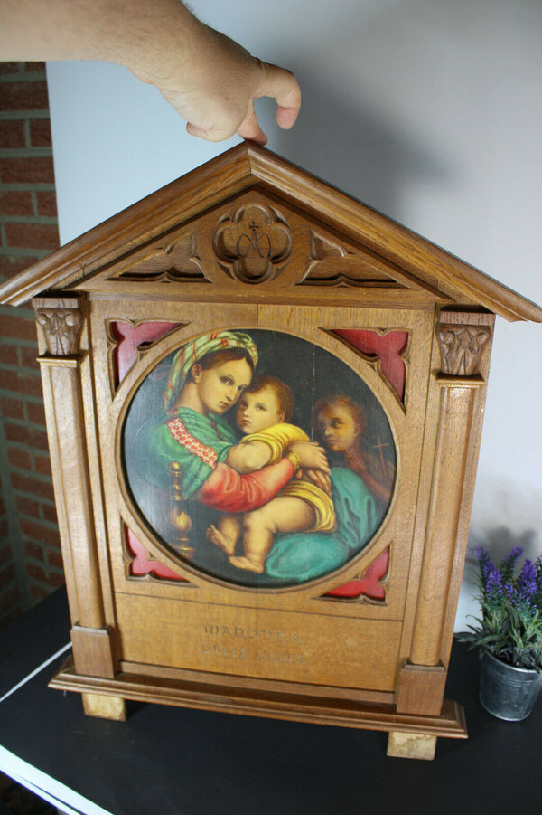 Antique religious wood carved neo gothic wall panel frame oil painting madonna
