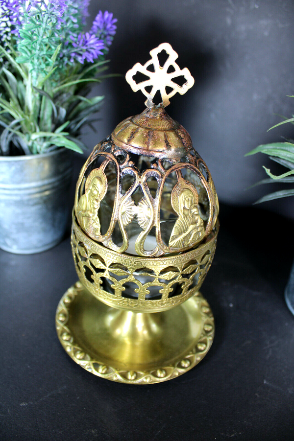 Antique brass table sanctuary lamp madonna religious rare