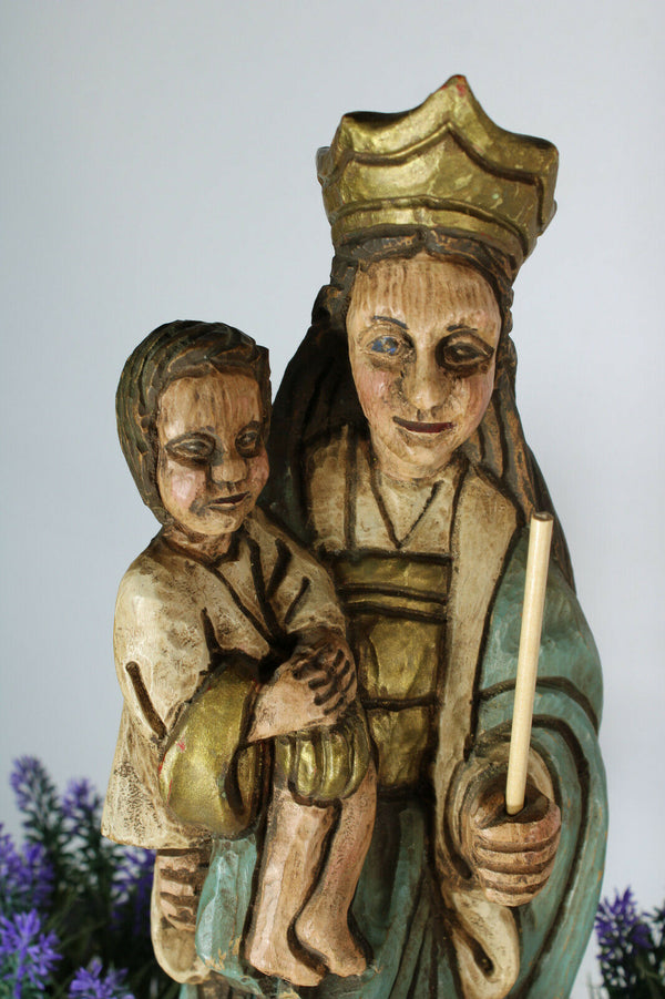Antique wood carved polychrome madonna statue figurine religious