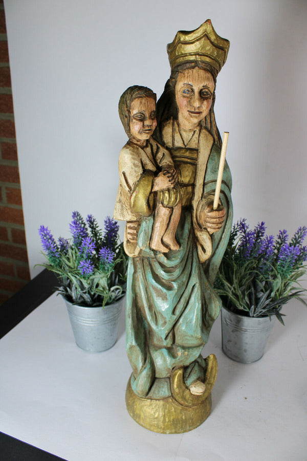 Antique wood carved polychrome madonna statue figurine religious