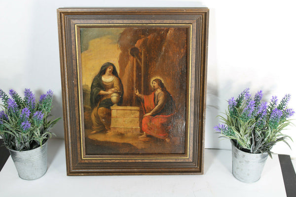 Antique french oil panel religious painting jesus samaritan lady water well