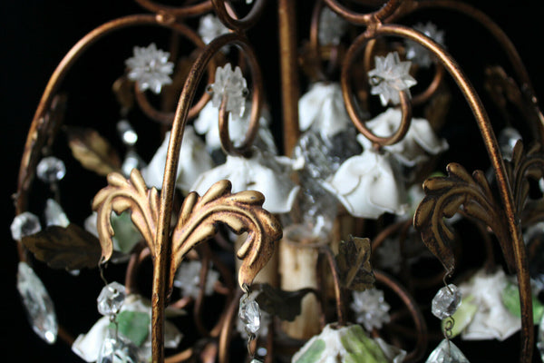 Vintage French porcelain flowers glass crystal drops floral chandelier lamp