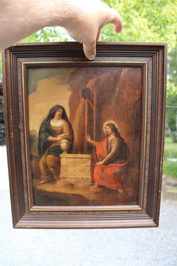 Antique french oil panel religious painting jesus samaritan lady water well
