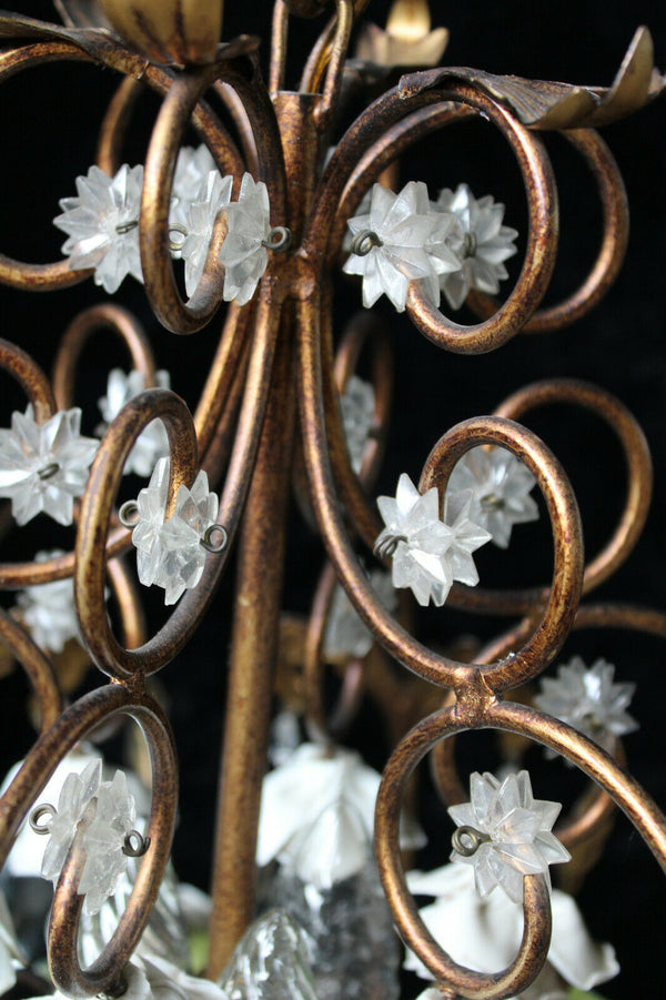 Vintage French porcelain flowers glass crystal drops floral chandelier lamp