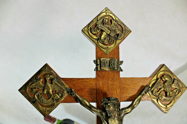 Antique French wood carved 4 evangelists symbol crucifix cross christ religious