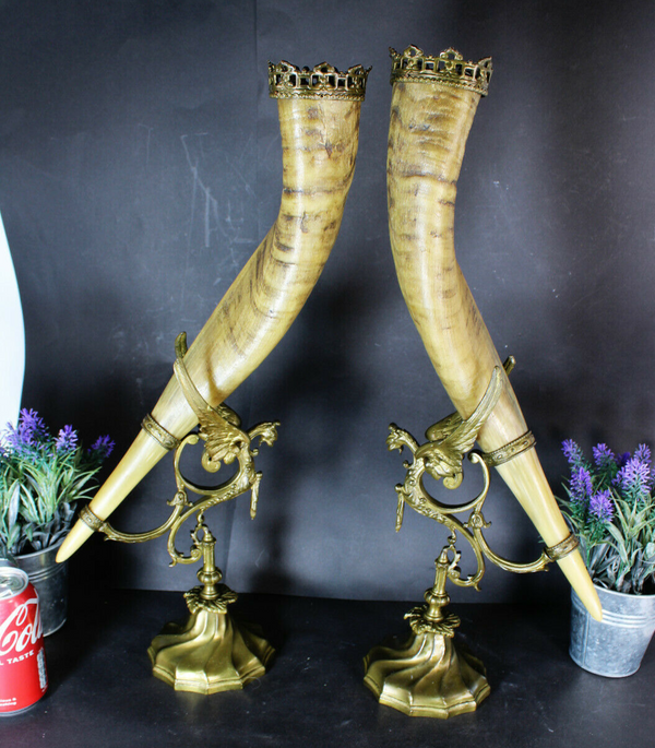 pair XL antique french corncopia horn statue bronze dragons rare castle gothic