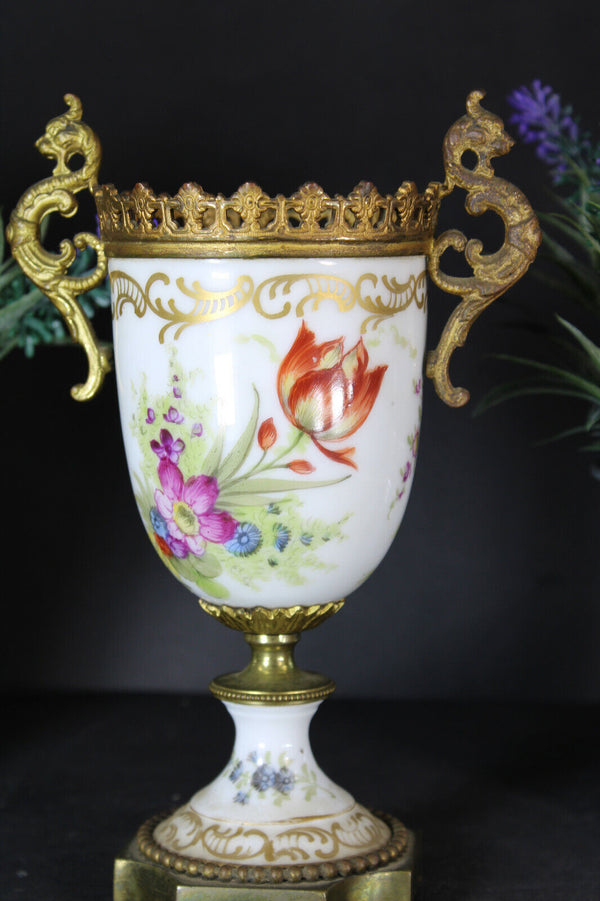 Antique French brass porcelain hand paint dragons floral vase