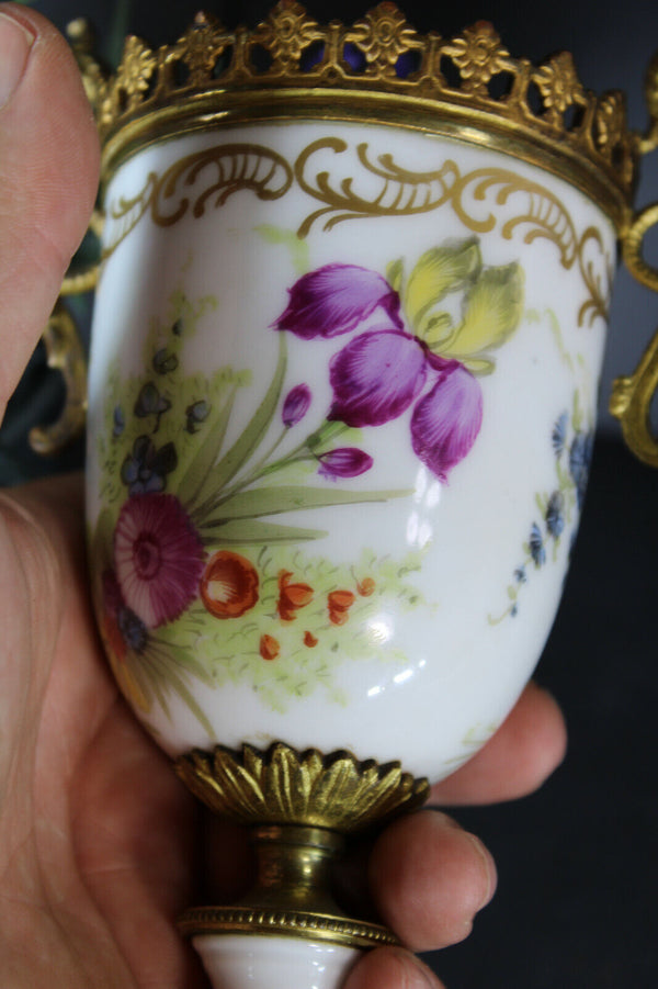 Antique French brass porcelain hand paint dragons floral vase