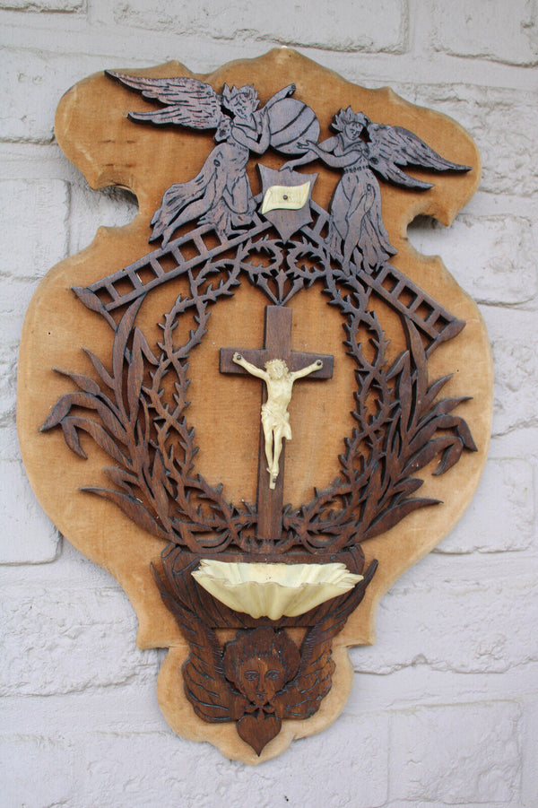 Antique French holy water font crucifix religious wall plaque archangels wood