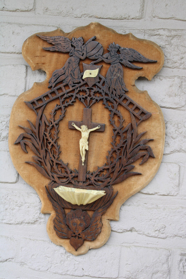 Antique French holy water font crucifix religious wall plaque archangels wood