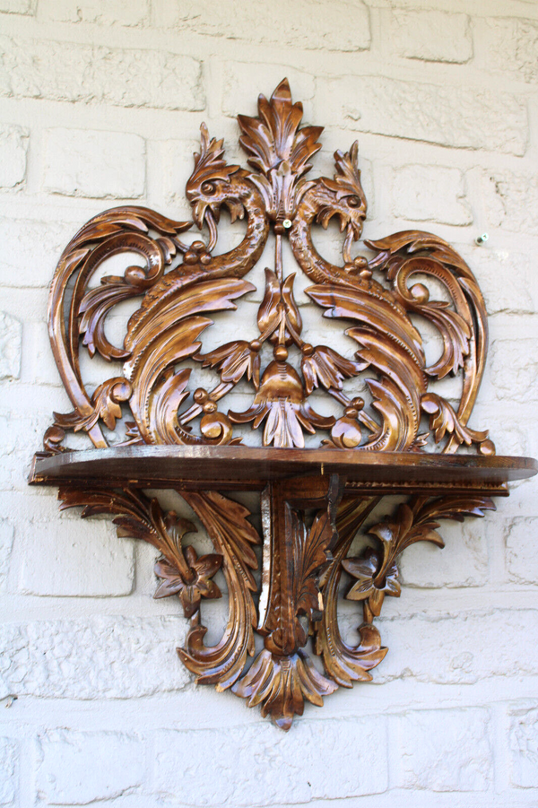 Vintage French wood carved mythological phoenix bird figurine wall console