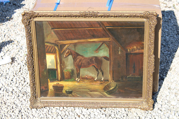 Vintage Flemish school oil canvas painting horse stable