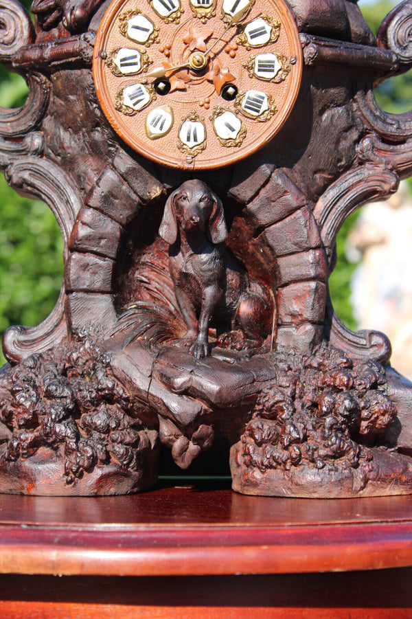 Rare antique black forest 19thc Wood carved hunting dog trophy mantel clock