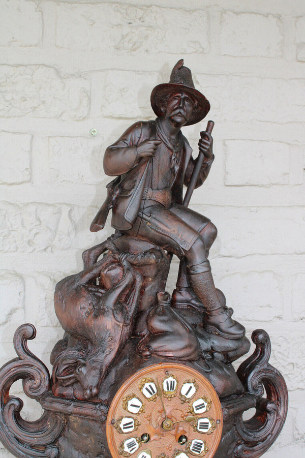 Rare antique black forest 19thc Wood carved hunting dog trophy mantel clock