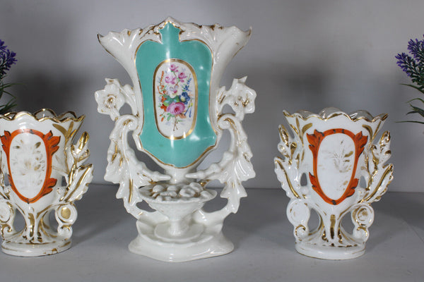SET 3 vieux paris porcelain floral vases