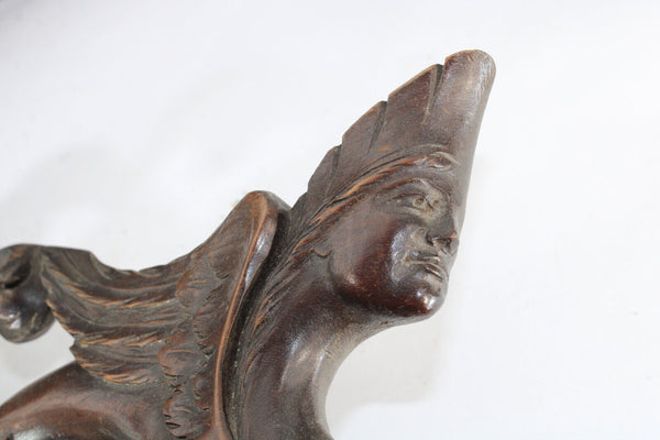 pair antique wood carved pediment sphinx figurine rare