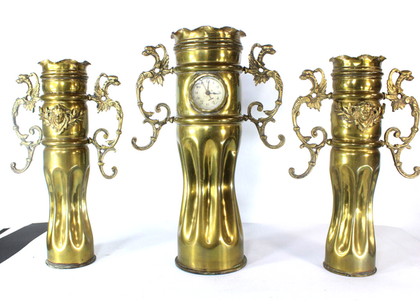 Antique Flanders copper army shell carved dragons caryatid Mantel clock set rare