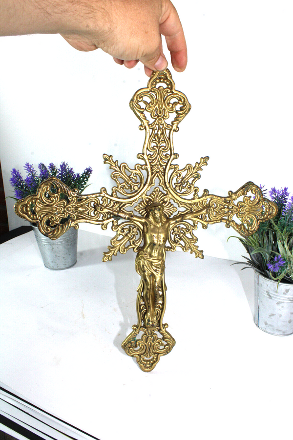 Antique brass crucifix christ religious