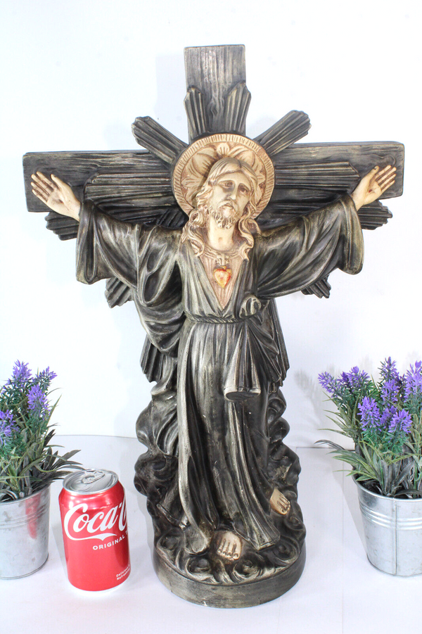 Antique LARGE French christ crucifix statue religious