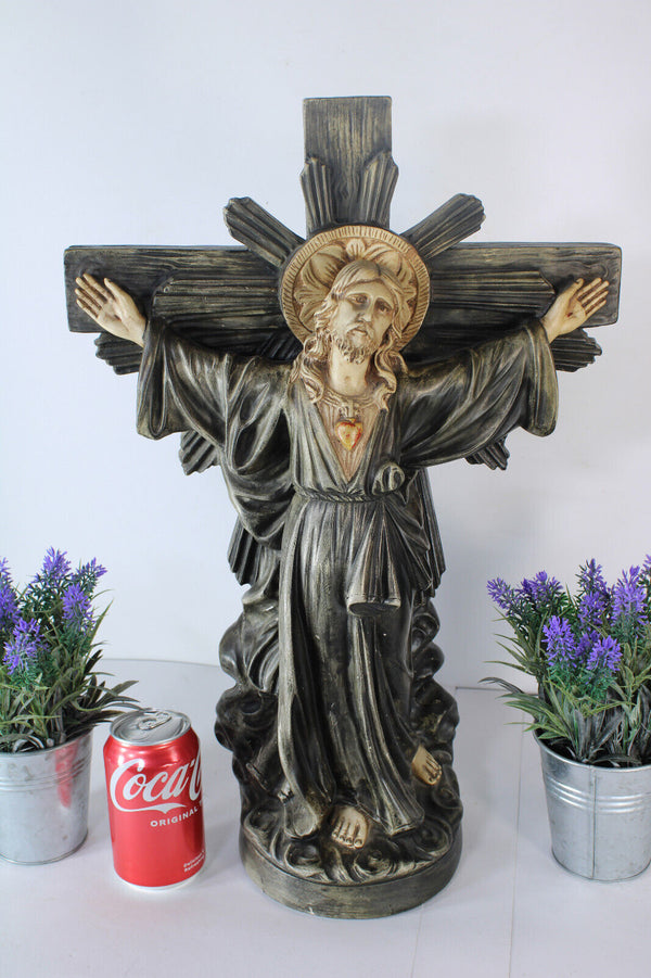 Antique LARGE French christ crucifix statue religious