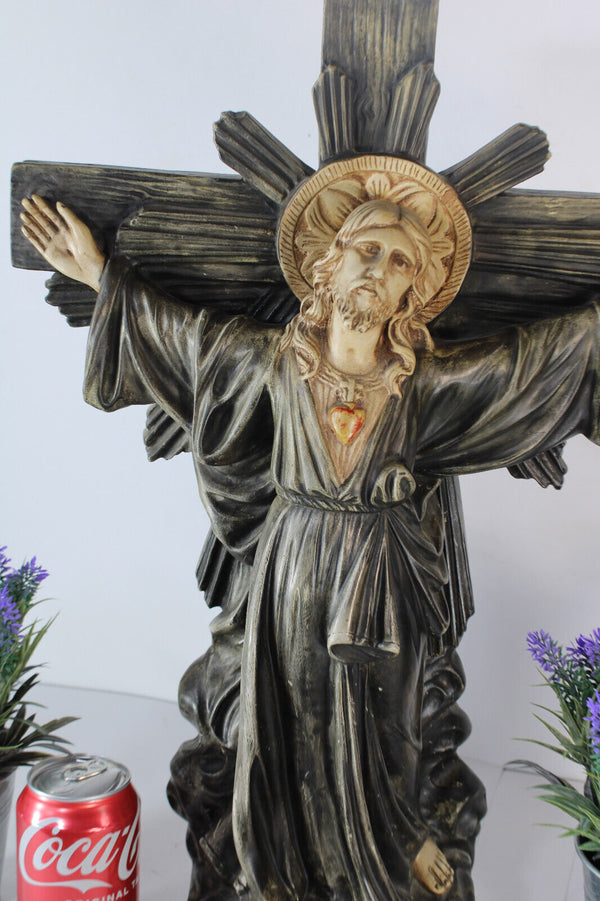 Antique LARGE French christ crucifix statue religious