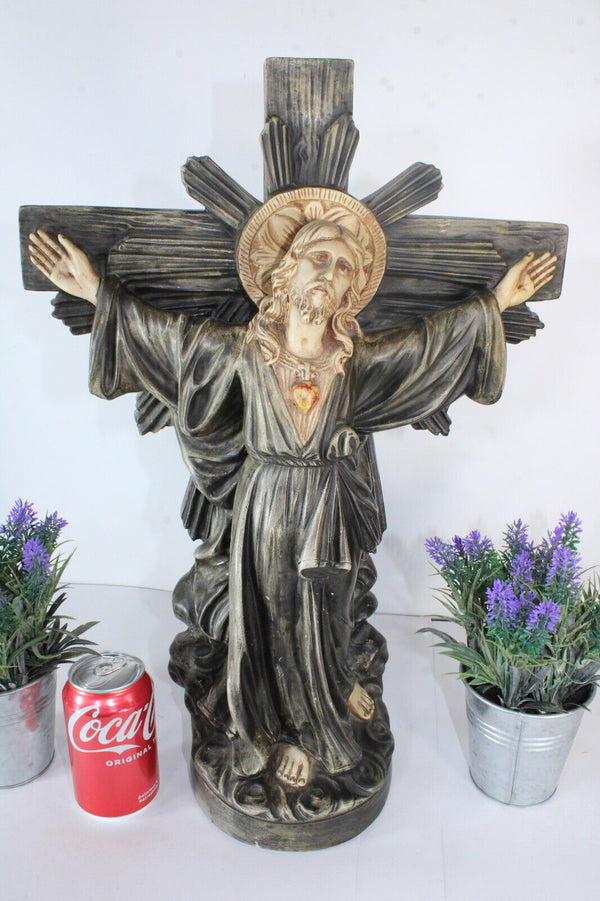 Antique LARGE French christ crucifix statue religious