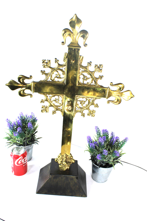 Antique large Bronze altar crucifix fleur de lys symbols religious