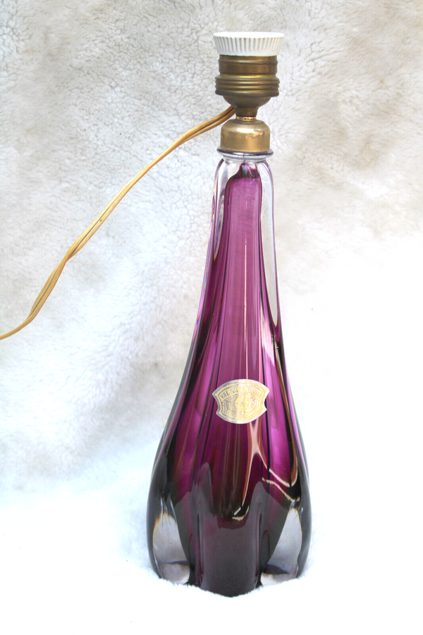 VAL SAINT LAMBERT amethyst purple crystal glass table lamp marked 1950s
