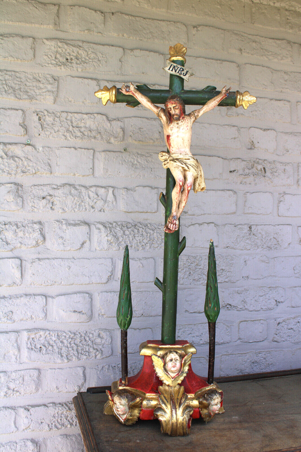 Antique 1800s Large wood carved polychrome Angel heads crucifix christ religious