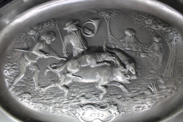 Antique French tin pewter hunting scene dogs attack boar relief decor
