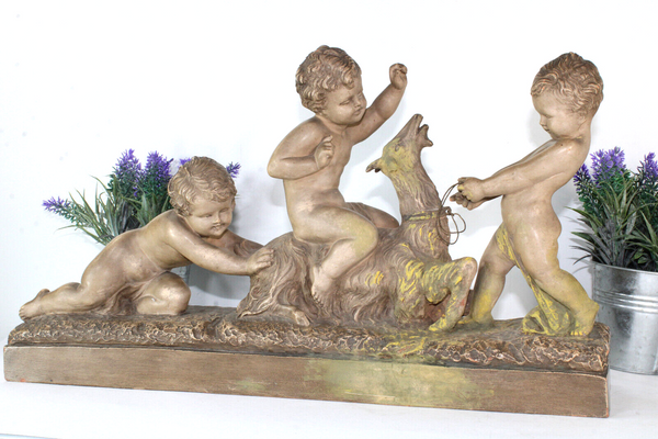 XL Antique ART DECO CIPRIANI signed Terracotta putti cherub figurine goat statue