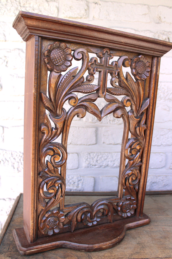 Antique French religious wood carved frame chapel stand