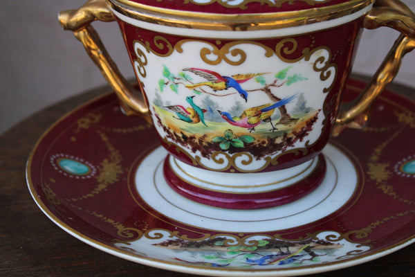 Antique Porcelain Bonbonniere box hand paint birds floral decor on plate marked